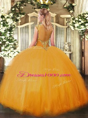 High Class Gold Ball Gowns Scoop Sleeveless Tulle Floor Length Zipper Beading Quinceanera Dresses