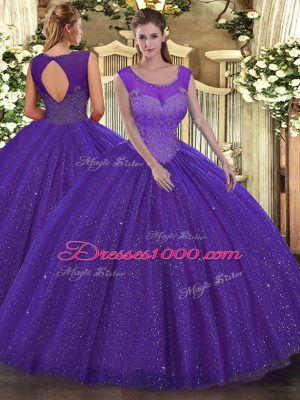 Shining Purple Sleeveless Floor Length Beading Backless Sweet 16 Quinceanera Dress