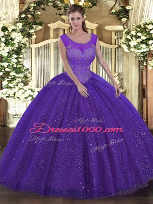 Shining Purple Sleeveless Floor Length Beading Backless Sweet 16 Quinceanera Dress