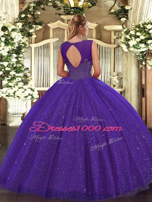 Shining Purple Sleeveless Floor Length Beading Backless Sweet 16 Quinceanera Dress