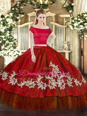 Wine Red Short Sleeves Embroidery Floor Length Sweet 16 Dress