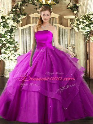 Super Fuchsia Lace Up Strapless Ruffled Layers Ball Gown Prom Dress Tulle Sleeveless