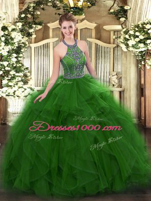 Sophisticated Green Sweet 16 Dresses Military Ball and Sweet 16 and Quinceanera with Beading and Ruffles Halter Top Sleeveless Lace Up