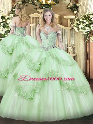 Hot Selling Floor Length Apple Green Quinceanera Gowns Tulle Sleeveless Beading and Appliques
