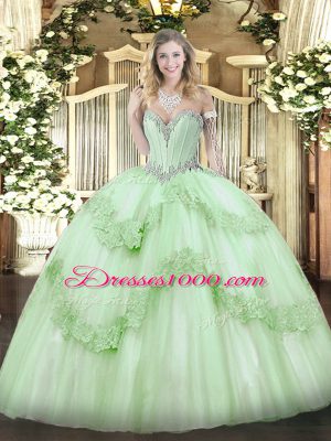 Hot Selling Floor Length Apple Green Quinceanera Gowns Tulle Sleeveless Beading and Appliques