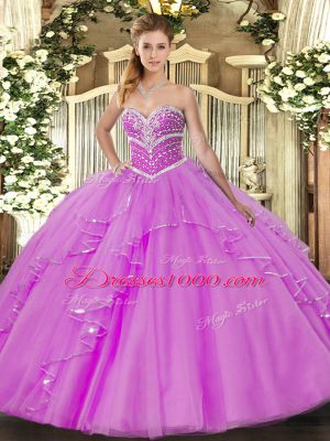 Dramatic Lilac Lace Up Sweetheart Beading and Ruffles 15 Quinceanera Dress Tulle Sleeveless