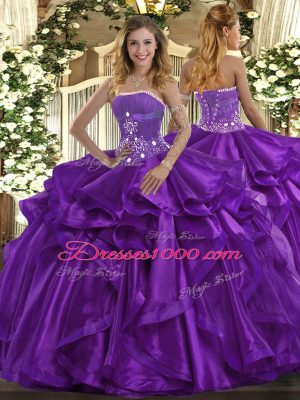Hot Sale Purple Ball Gowns Strapless Sleeveless Organza Floor Length Lace Up Beading and Ruffles 15 Quinceanera Dress