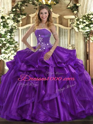 Hot Sale Purple Ball Gowns Strapless Sleeveless Organza Floor Length Lace Up Beading and Ruffles 15 Quinceanera Dress