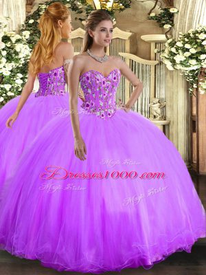 Embroidery Quince Ball Gowns Lavender Lace Up Sleeveless Floor Length