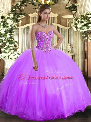 Embroidery Quince Ball Gowns Lavender Lace Up Sleeveless Floor Length
