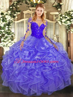 Super Floor Length Lavender Sweet 16 Quinceanera Dress Organza Long Sleeves Lace and Ruffles