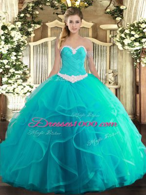 Artistic Floor Length Lace Up Quince Ball Gowns Turquoise for Military Ball and Sweet 16 and Quinceanera with Appliques and Ruffles