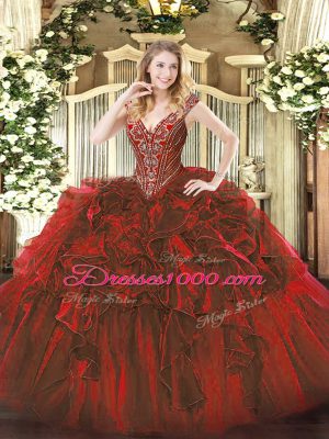 Sexy V-neck Sleeveless Organza Quinceanera Dress Beading and Ruffles Lace Up