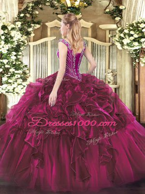 Sexy V-neck Sleeveless Organza Quinceanera Dress Beading and Ruffles Lace Up