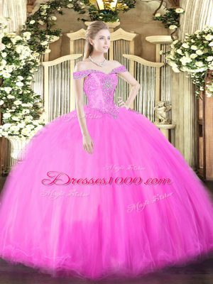Free and Easy Fuchsia Tulle Lace Up Ball Gown Prom Dress Sleeveless Floor Length Beading