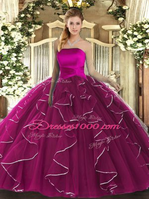 High Class Fuchsia Sleeveless Floor Length Ruffles Lace Up 15 Quinceanera Dress