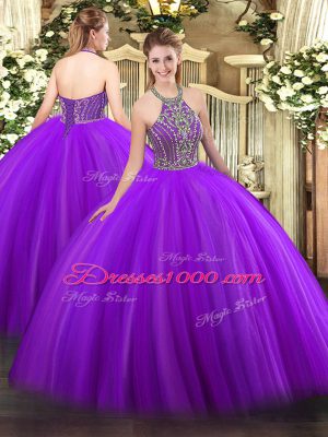 Sexy Tulle Halter Top Sleeveless Lace Up Beading Quinceanera Gown in Purple