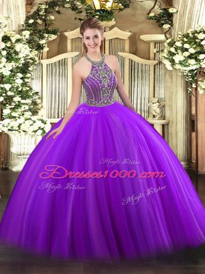 Sexy Tulle Halter Top Sleeveless Lace Up Beading Quinceanera Gown in Purple