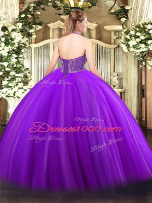 Sexy Tulle Halter Top Sleeveless Lace Up Beading Quinceanera Gown in Purple