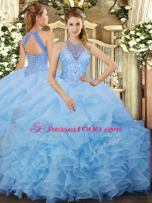 Suitable Floor Length Aqua Blue Quince Ball Gowns Halter Top Sleeveless Lace Up