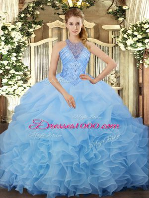 Suitable Floor Length Aqua Blue Quince Ball Gowns Halter Top Sleeveless Lace Up