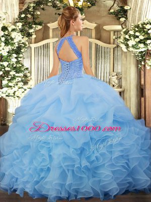 Suitable Floor Length Aqua Blue Quince Ball Gowns Halter Top Sleeveless Lace Up