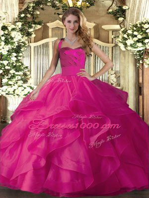 Hot Pink Ball Gowns Tulle Halter Top Sleeveless Ruffles Floor Length Lace Up Sweet 16 Dresses
