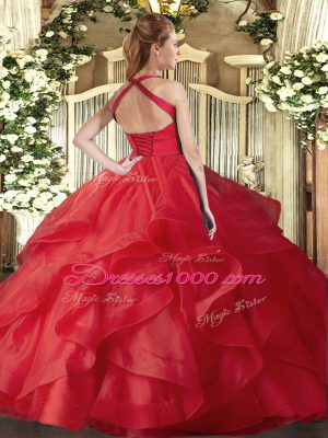Hot Pink Ball Gowns Tulle Halter Top Sleeveless Ruffles Floor Length Lace Up Sweet 16 Dresses