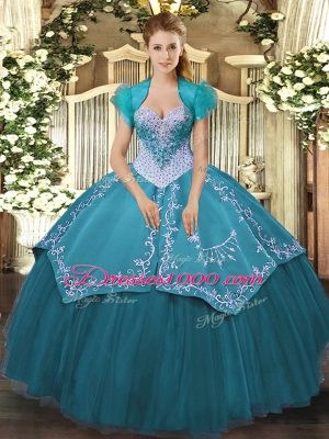 Teal Lace Up Sweetheart Beading and Embroidery Quinceanera Gowns Satin and Tulle Sleeveless