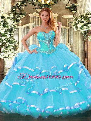 Amazing Organza Sweetheart Sleeveless Lace Up Beading and Ruffled Layers Vestidos de Quinceanera in Aqua Blue