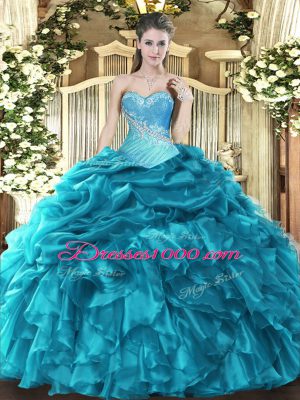 Cheap Beading and Ruffles and Pick Ups Ball Gown Prom Dress Teal Lace Up Sleeveless Floor Length