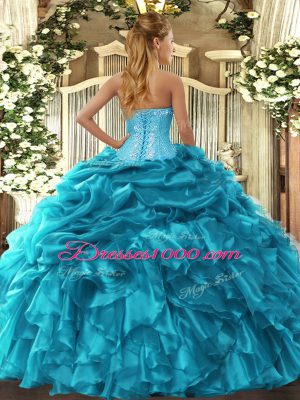 Cheap Beading and Ruffles and Pick Ups Ball Gown Prom Dress Teal Lace Up Sleeveless Floor Length