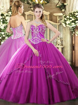 Fuchsia Ball Gowns Beading Ball Gown Prom Dress Lace Up Tulle Sleeveless