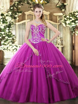 Fuchsia Ball Gowns Beading Ball Gown Prom Dress Lace Up Tulle Sleeveless