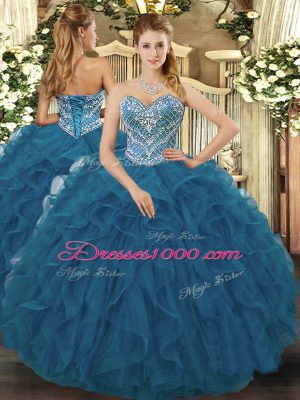 Gorgeous Sweetheart Sleeveless Lace Up Ball Gown Prom Dress Teal Tulle