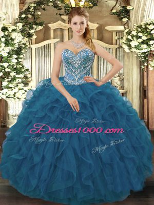 Gorgeous Sweetheart Sleeveless Lace Up Ball Gown Prom Dress Teal Tulle