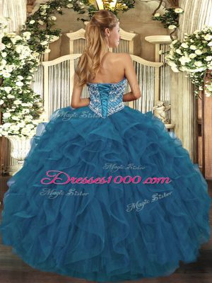 Gorgeous Sweetheart Sleeveless Lace Up Ball Gown Prom Dress Teal Tulle