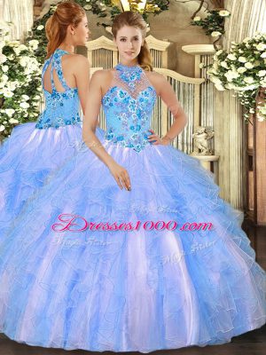 Floor Length Baby Blue Sweet 16 Dress Organza Sleeveless Embroidery and Ruffles