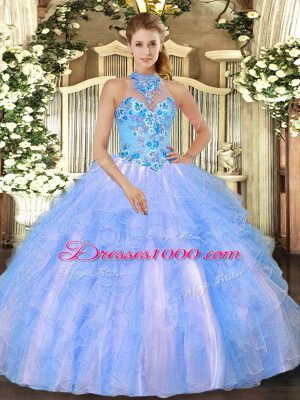 Floor Length Baby Blue Sweet 16 Dress Organza Sleeveless Embroidery and Ruffles