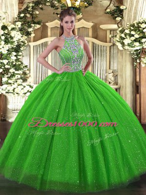 Tulle Lace Up Halter Top Sleeveless Floor Length Sweet 16 Quinceanera Dress Beading