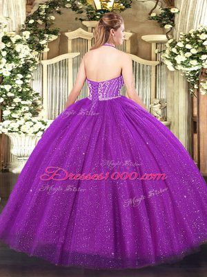 Tulle Lace Up Halter Top Sleeveless Floor Length Sweet 16 Quinceanera Dress Beading