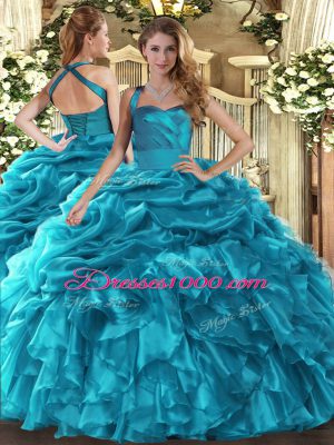 Charming Floor Length Ball Gowns Sleeveless Teal Quinceanera Gowns Lace Up