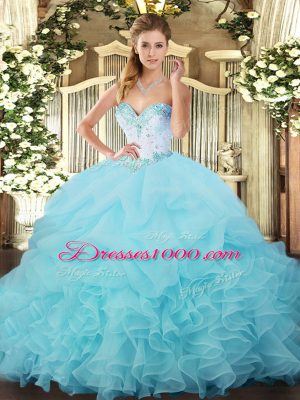 Sumptuous Sweetheart Sleeveless Lace Up Quince Ball Gowns Aqua Blue Organza