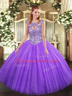 Classical Lavender Sleeveless Floor Length Beading Lace Up Sweet 16 Dresses