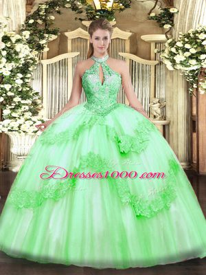 Custom Designed Ball Gowns Vestidos de Quinceanera Apple Green Halter Top Tulle Sleeveless Floor Length Lace Up