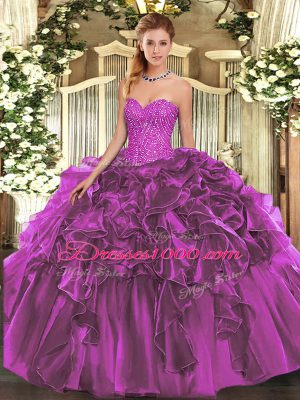 Spectacular Purple Quinceanera Gown Military Ball and Sweet 16 and Quinceanera with Beading and Ruffles Sweetheart Sleeveless Lace Up