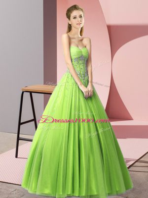 A-line Sweetheart Sleeveless Tulle Floor Length Lace Up Beading Evening Dress