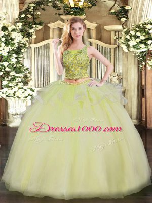 Customized Sleeveless Organza Floor Length Lace Up Quinceanera Dress in Yellow with Beading