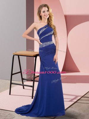 Most Popular Blue Prom and Party with Beading One Shoulder Sleeveless Sweep Train Lace Up