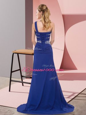 Most Popular Blue Prom and Party with Beading One Shoulder Sleeveless Sweep Train Lace Up